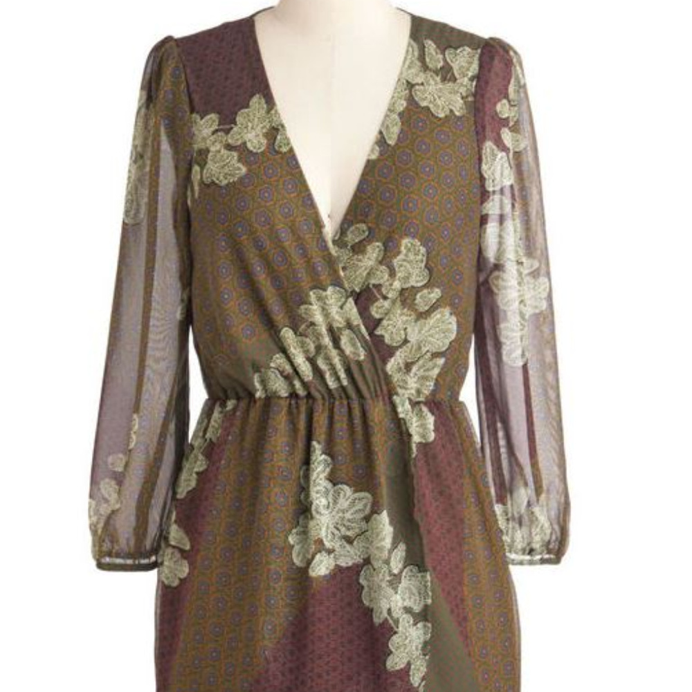 Modcloth Design Concept Patchwork Green and Purple Mixed Pattern Dress